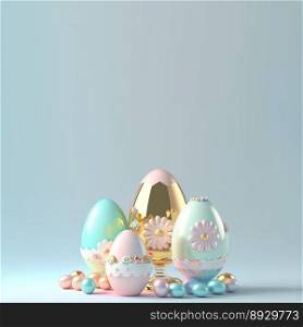 3D Rendering of Glossy Eggs and Flowers for Easter Party Background