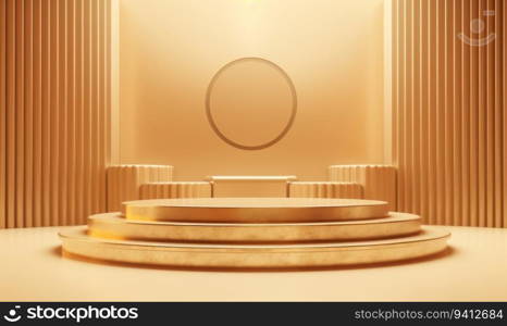 3d rendering of gold podium with round mirror in the middle.