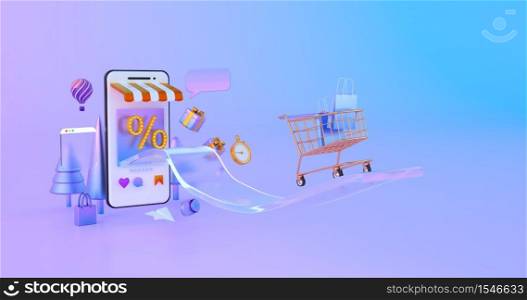 3d rendering of gold shopping cart with smartphone.