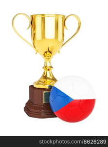 3d rendering of gold trophy cup and soccer football ball with Czech Republic flag isolated on white background. Gold trophy cup soccer football ball with Czech Republic flag