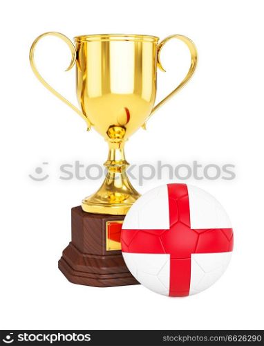 3d rendering of gold trophy cup and soccer football ball with England flag isolated on white background. Gold trophy cup and soccer football ball with England flag 