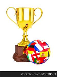 3d rendering of gold trophy cup and soccer football ball with Euro 2016 countries flags isolated on white background. Gold trophy cup and soccer football ball with Europe flags
