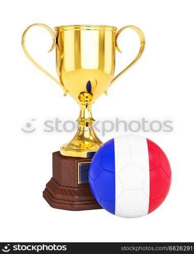 3d rendering of gold trophy cup and soccer football ball with France flag isolated on white background. Gold trophy cup and soccer football ball with France flag 