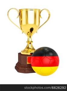 3d rendering of gold trophy cup and soccer football ball with Germany flag isolated on white background. Gold trophy cup and soccer football ball with Germany flag 