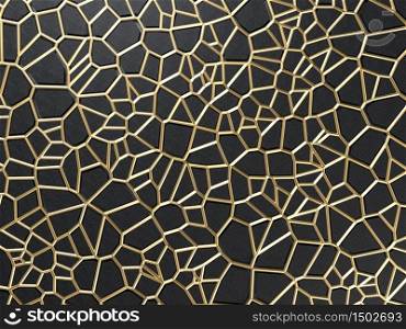 3d rendering of golden cracks on black background. Golden metal mesh or grid on black backdround. 3d render of golden cracks on black background. Golden metal mesh or grid on black backdround