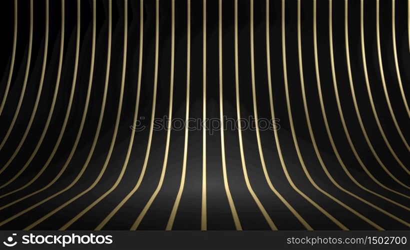 3d rendering of golden curved stripes or lines over black background. Perfect illustration for placing your text or object. Backdrop with copyspace in minimalistic style. 3d render of golden curved stripes or lines over black background. Perfect illustration for placing your text or object. Backdrop with copyspace in minimalistic style