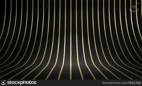 3d rendering of golden curved stripes or lines over black background. Perfect illustration for placing your text or object. Backdrop with copyspace in minimalistic style. 3d render of golden curved stripes or lines over black background. Perfect illustration for placing your text or object. Backdrop with copyspace in minimalistic style