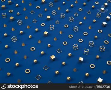3d rendering of golden geometric figures on blue background. Perfect illustration for placing your text or object. Backdrop with copyspace in minimalistic style. Minimalist blue background. 3d render of golden geometric figures on blue background. Perfect illustration for placing your text or object. Backdrop with copyspace in minimalistic style. Minimalist blue background