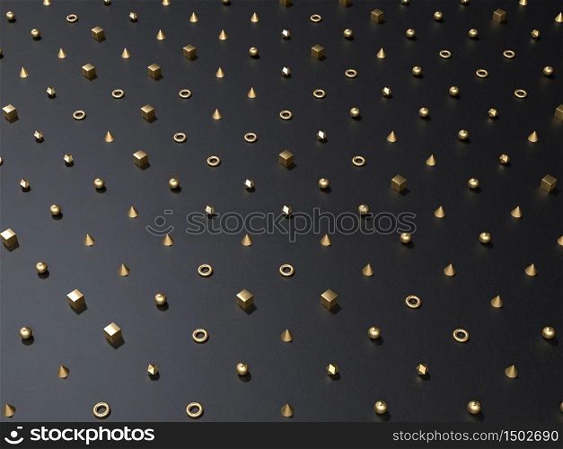 3d rendering of golden geometry shapes on black background. Minimalist abstract illustration in black and golden colors.. 3d render of golden geometry shapes on black background. Minimalist abstract illustration in black and golden colors.