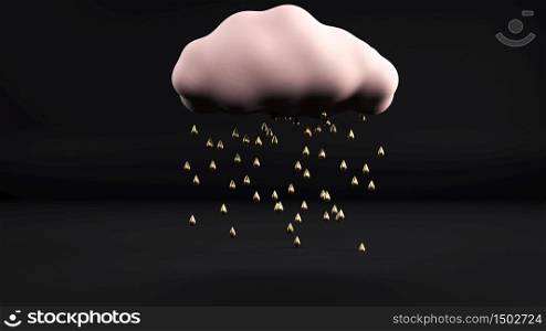 3d rendering of golden rain going from pink cloud flying in black interior. Abstract minimalist illustration. 3d render of golden rain going from pink cloud flying in black interior. Abstract minimalist illustration