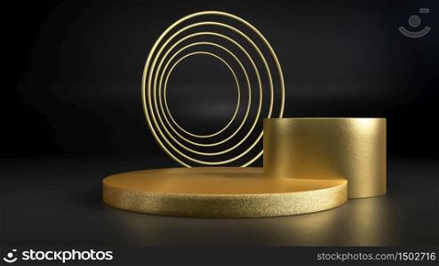3d rendering of golden round stage, pedestal or podium on black background. Perfect illustration for placing your product of object on podium. Abstract minimalist backdrop or mockup. 3d render of golden round stage, pedestal or podium on black background. Perfect illustration for placing your product of object on podium. Abstract minimalist backdrop or mockup