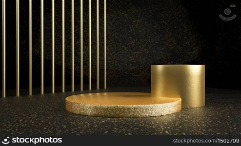 3d rendering of golden shiny cylinders in black studio. Golden stage, pedestal or podium. Perfect illustration for placing your product of object on podium. Abstract minimalist backdrop or mockup. 3d render of golden shiny cylinders in black studio. Golden stage, pedestal or podium. Perfect illustration for placing your product of object on podium. Abstract minimalist backdrop or mockup