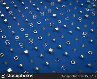 3d rendering of golden spheres, cubes, pyramids and oter geomettric shapes on blue background. Perfect illustration for placing your text or object. Backdrop with copyspace in minimalistic style. Minimalist background. 3d render of golden spheres, cubes, pyramids and oter geomettric shapes on blue background. Perfect illustration for placing your text or object. Backdrop with copyspace in minimalistic style. Minimalist background