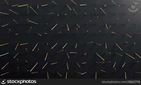 3d rendering of golden spikes or rods on black paper background. Perfect illustration for placing your text or object. Backdrop with copyspace in minimalistic style. Minimalist background. 3d render of golden spikes or rods on black paper background. Perfect illustration for placing your text or object. Backdrop with copyspace in minimalistic style. Minimalist background