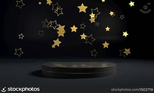3d rendering of golden stars flying over golden round stage, pedestal or podium in black interior. Perfect illustration for placing your product of object on podium. Abstract minimalist backdrop or mockup for celebrations. 3d render of golden stars flying over golden round stage, pedestal or podium in black interior. Perfect illustration for placing your product of object on podium. Abstract minimalist backdrop or mockup for celebrations