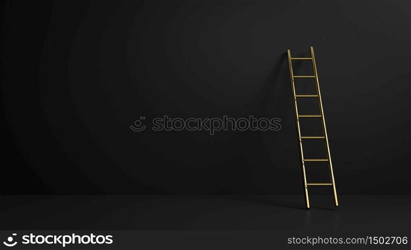 3d rendering of golden stepladder in black dark interior. Perfect illustration for placing your text or object. Backdrop with copyspace in minimalistic style. 3d render of golden stepladder in black dark interior. Perfect illustration for placing your text or object. Backdrop with copyspace in minimalistic style