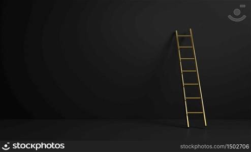 3d rendering of golden stepladder in black dark interior. Perfect illustration for placing your text or object. Backdrop with copyspace in minimalistic style. 3d render of golden stepladder in black dark interior. Perfect illustration for placing your text or object. Backdrop with copyspace in minimalistic style