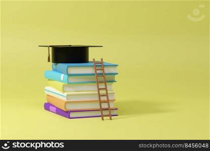 3D Rendering of Graduation Cap, Books and staircase on blue background. Realistic 3d shapes. Education concept. Efforts to complete the study.