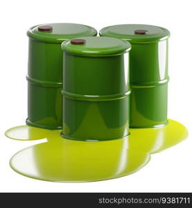 3D rendering of green metal barrels with leaking radioactive liquid. Pollution of environment with waste of chemical industry. Realistic illustration isolated on white background