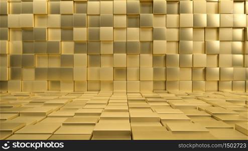 3d rendering of interior made of golden shiny cubes or tiles. Perfect illustration for placing your text or object. Backdrop with copyspace in minimalistic style. Luxury background. 3d render of interior made of golden shiny cubes or tiles. Perfect illustration for placing your text or object. Backdrop with copyspace in minimalistic style. Luxury background