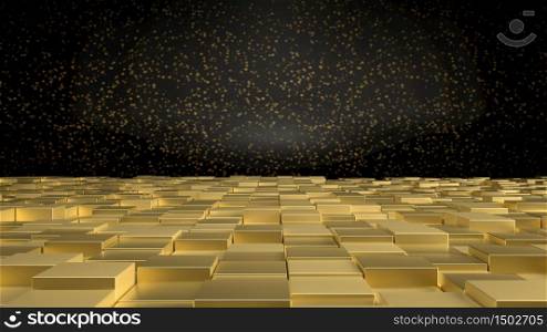 3d rendering of interior with golden cubes on floor and black wall with golden sparkles. Perfect illustration for placing your text or object. Backdrop with copyspace in minimalistic style. 3d render of interior with golden cubes on floor and black wall with golden sparkles. Perfect illustration for placing your text or object. Backdrop with copyspace in minimalistic style