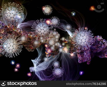 3D rendering of interplay of viral particles and abstract microscopic elements on the subject of Coronavirus, infection, epidemic, biology and healthcare