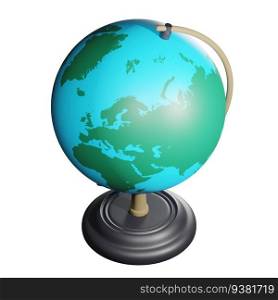 3D rendering of isometric school globe on wooden stand. Studying geography of countries and continents at school. Realistic illustration isolated on white background