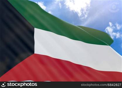 3D rendering of Kuwait flag waving on blue sky background, National Day. marks the creation of Kuwait as a nation in 1961