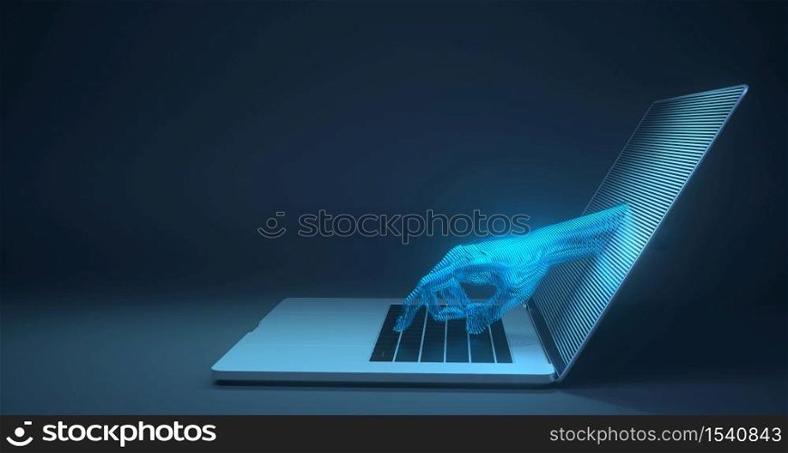 3d rendering of laptop and hand touch screen.