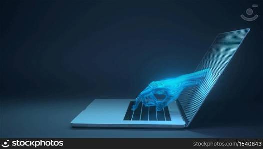 3d rendering of laptop and hand touch screen.