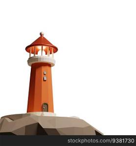 3D rendering of lighthouse on rock with burning searchlight bottom view. Navigation difficult area. Realistic illustration isolated on white background
