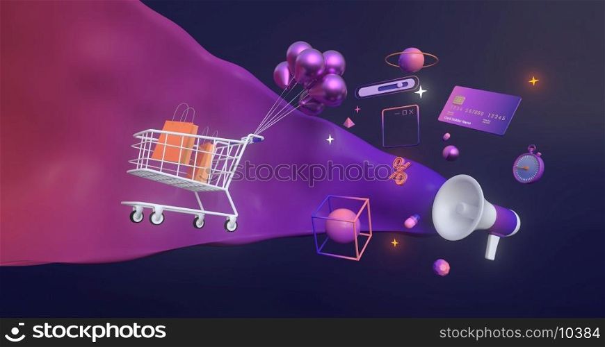 3d rendering of magaphone and shopping cart.