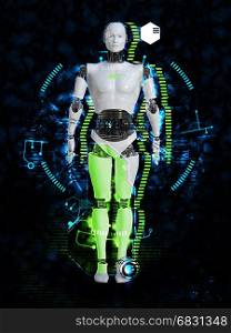 3D rendering of male robot body technology concept. Black background.