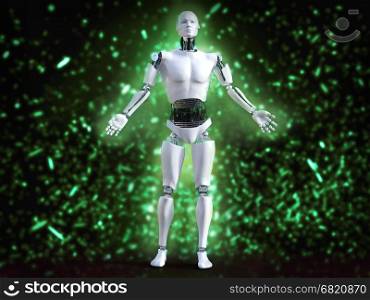 3D rendering of male robot standing with his arms out and with green bokeh light effect.