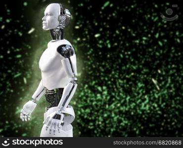 3D rendering of male robot with bokeh light effect.