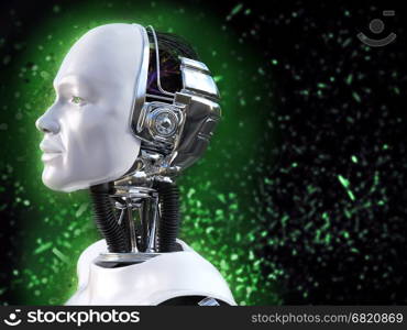 3D rendering of male robot with green bokeh light effect.