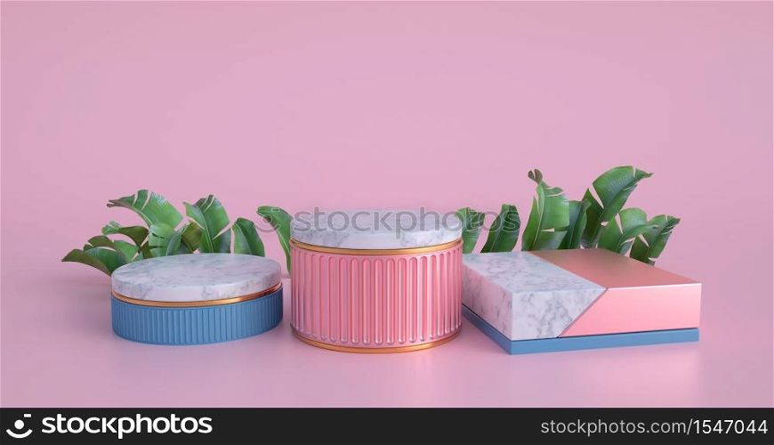 3d rendering of marble podium and banana leaves.