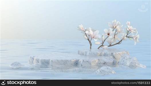 3d rendering of marble podium and magnolia flower.