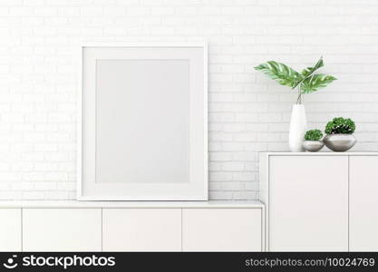 3d rendering of mock up Interior design for living room with picture frame on white wall