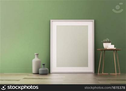 3d rendering of mock up Interior design for living room with picture frame on green wall