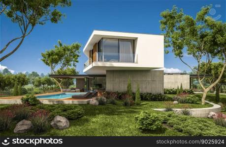 3d rendering of modern house on the hill with pool