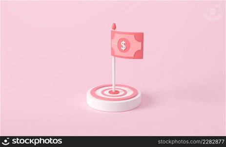 3d rendering of money banknotes flag on target dollar. business financial arrow marketing Financial goal concept. Coin target flag top. steps or stairs on top money coin. Flag in the middle of target