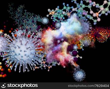 3D Rendering of multiple Coronavirus virus particles and three-dimensional abstract elements on the subject of interaction of viral bodies and micro environment or immune system