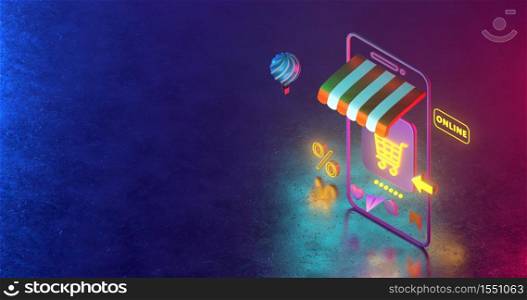 3d rendering of of shopping cart icons and neon light on Concrete floor