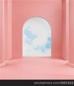 3d rendering of pastel walkway ,pink color background and blue sky behind the door copy space