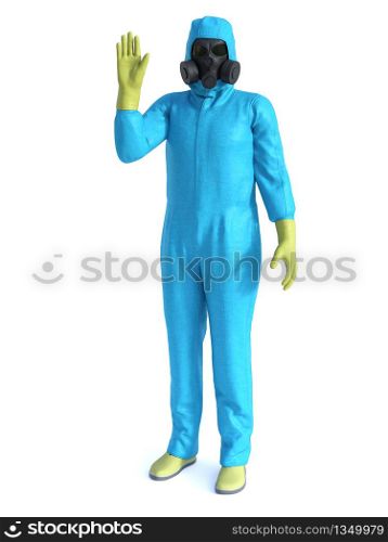 3D rendering of person wearing blue hazmat suit holding up his hand like he is saying stop, don&rsquo;t come here. Virus corona outbreak!. 3D rendering of person in hazmat suit stopping you.