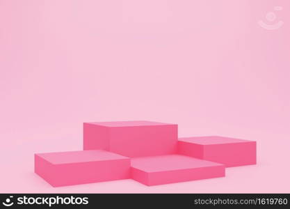 3D rendering of pink cube podium or pedestal with empty studio room, product background, template mockup for valentine’s day display, love concept, geometric of square shape