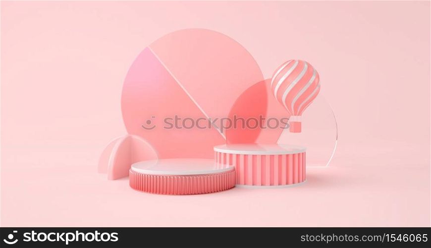 3d rendering of podium and balloon on pink backdrop.
