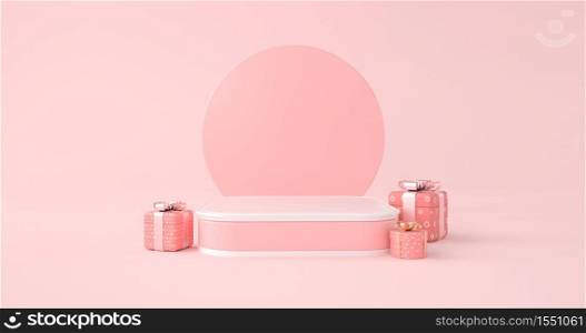 3d rendering of podium and gift box on pink backdrop.