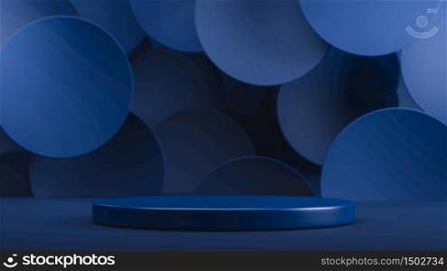 3d rendering of podium, stage or pedestal in blue studio with floating blue circles. Perfect background for placing cosmetic product or object. Abstract minimalistic blue backdrop or mockup. 3d render of podium, stage or pedestal in blue studio with floating blue circles. Perfect background for placing cosmetic product or object. Abstract minimalistic blue backdrop or mockup